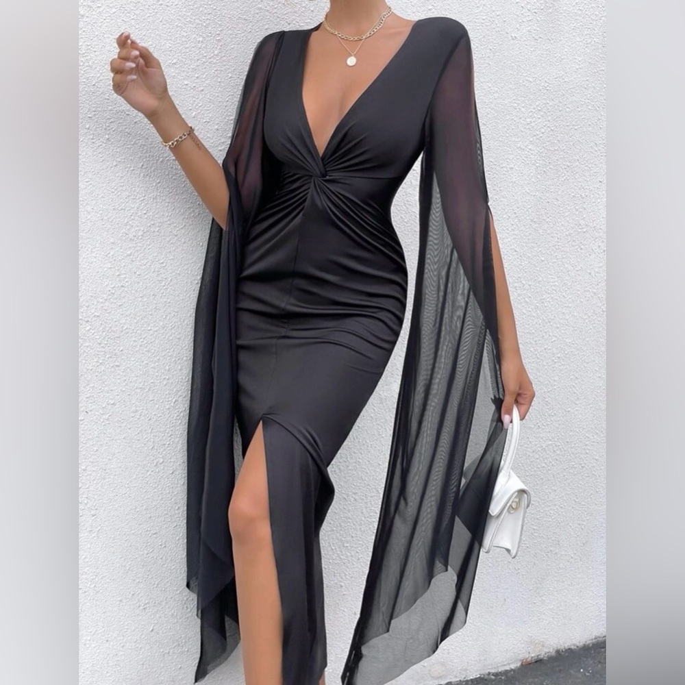 Mesh Slit Sleeve Twist Plunging Neck Slit Thigh Bodycon Dress Size: 6 MEDIUM